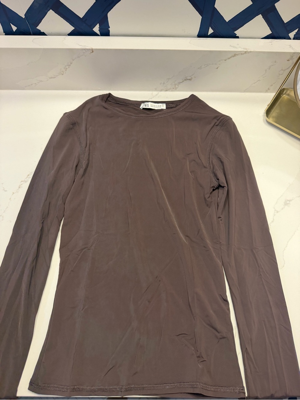 Zara Long Sleeve Crewneck Top — Taupe Brown